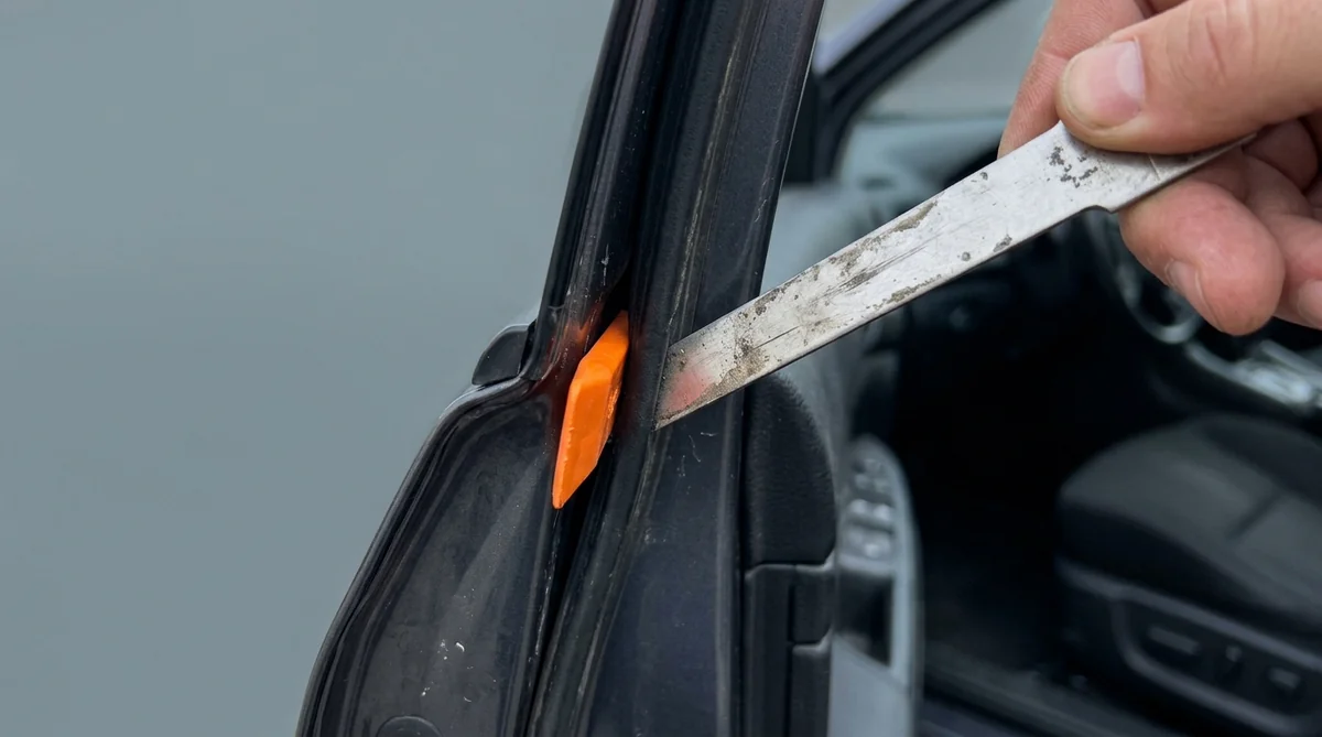 Ferramenta de chaveiro sendo usada na porta de um carro para abertura sem danos