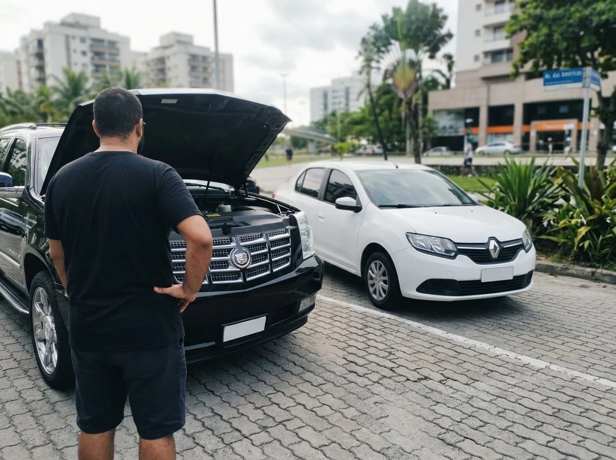 Motorista aguardando socorro ao lado do carro com o capô aberto na Barra da Tijuca