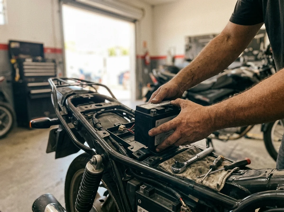 Técnico instalando bateria nova em uma moto durante atendimento em Jacarepaguá