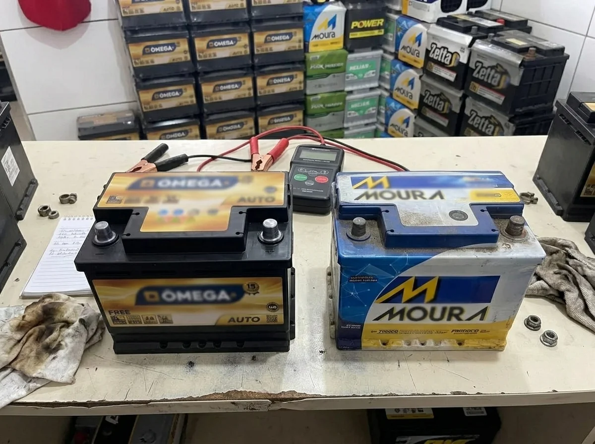 Comparação entre bateria nova e bateria seminova sendo testadas na loja da RG Baterias